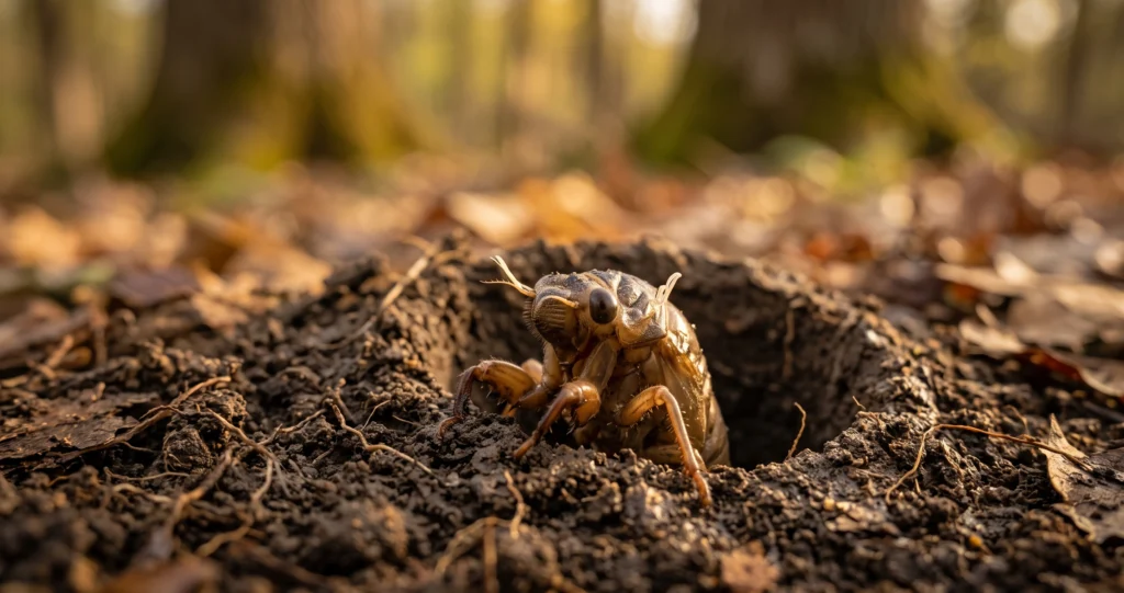 "periodical cicada life cycle showing synchronized emergence from underground"