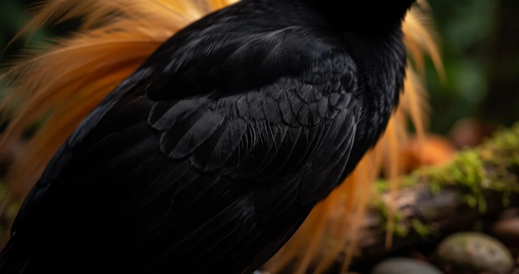 "bird of paradise feathers displaying ultra-black plumage during courtship"