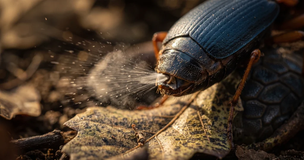 "bombardier beetle defense illustrating the two-chamber chemical reaction and pulsed spray mechanism."