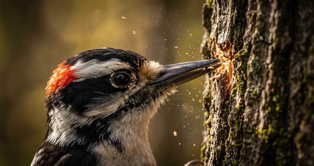 "woodpecker brain protection showing skull anatomy and the hyoid apparatus during pecking."