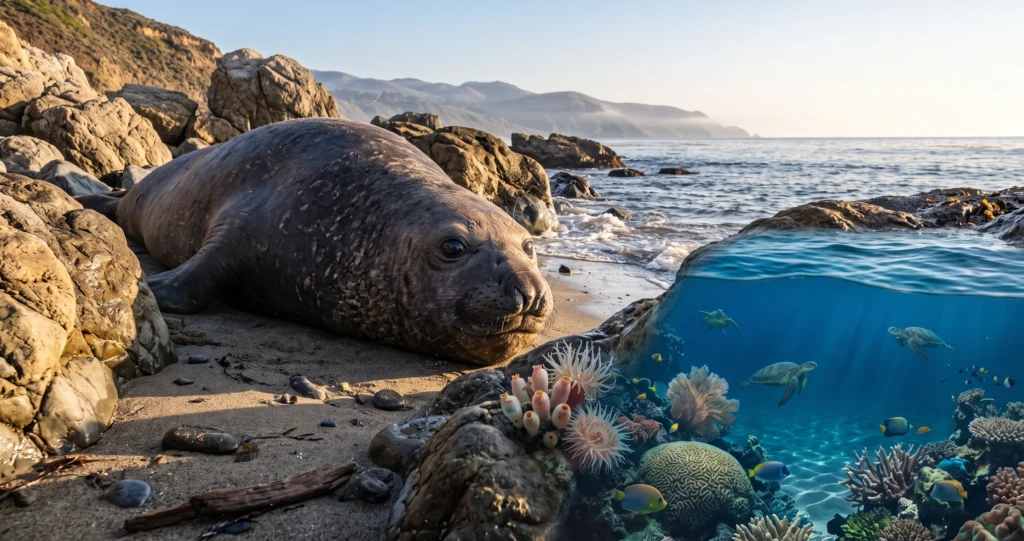 "elephant seal deep diving sleep during a spiraling underwater rest."