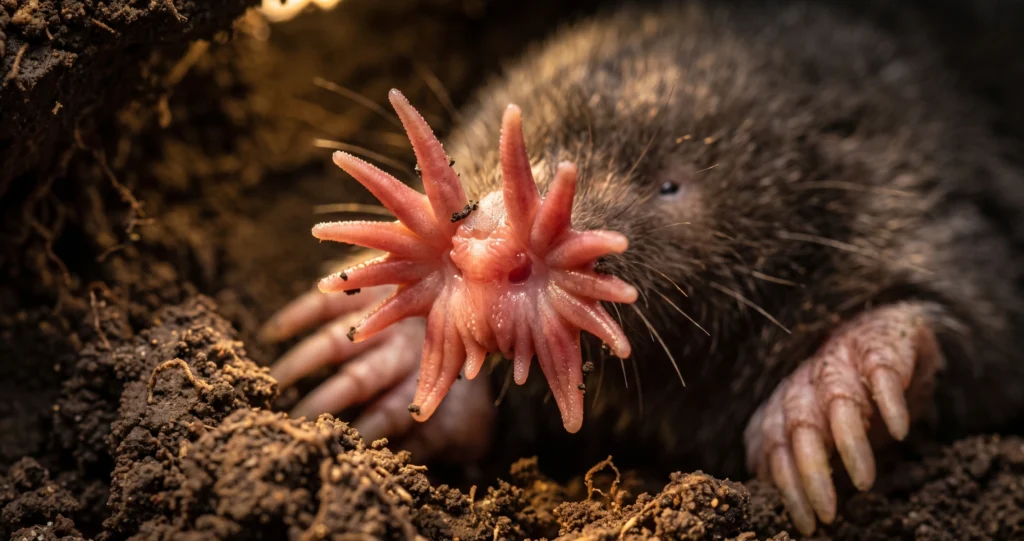 star-nosed mole facts showing the specialized star-shaped sensory organ used for hunting.