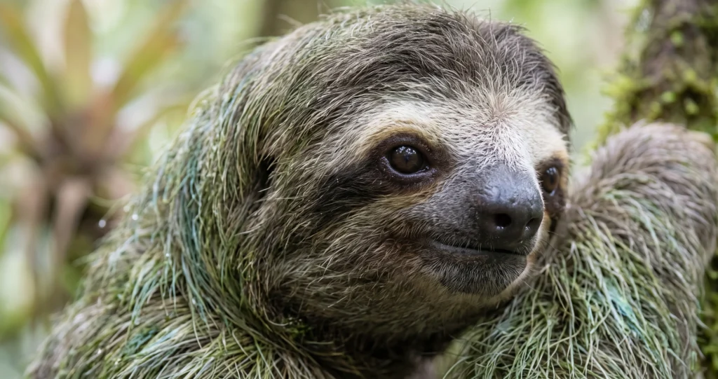 "why sloths are slow illustrated by a camouflaged three-toed sloth resting in the rainforest canopy."