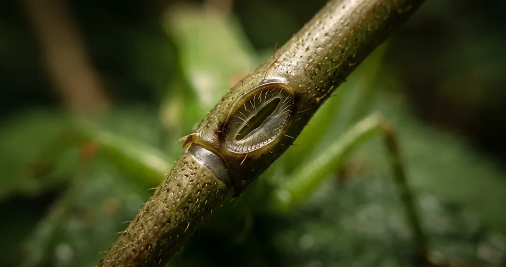 "katydid ears on legs showing tympanal organs on the front tibia"