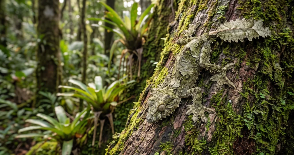 "leaf-tailed gecko camouflage using fringed skin to blend into tree bark and reduce visible shadows"