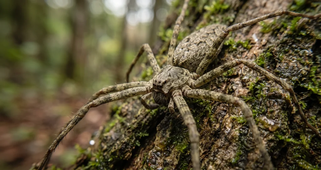 "giant huntsman spider size showing the enormous leg span and flattened body of Heteropoda maxima"