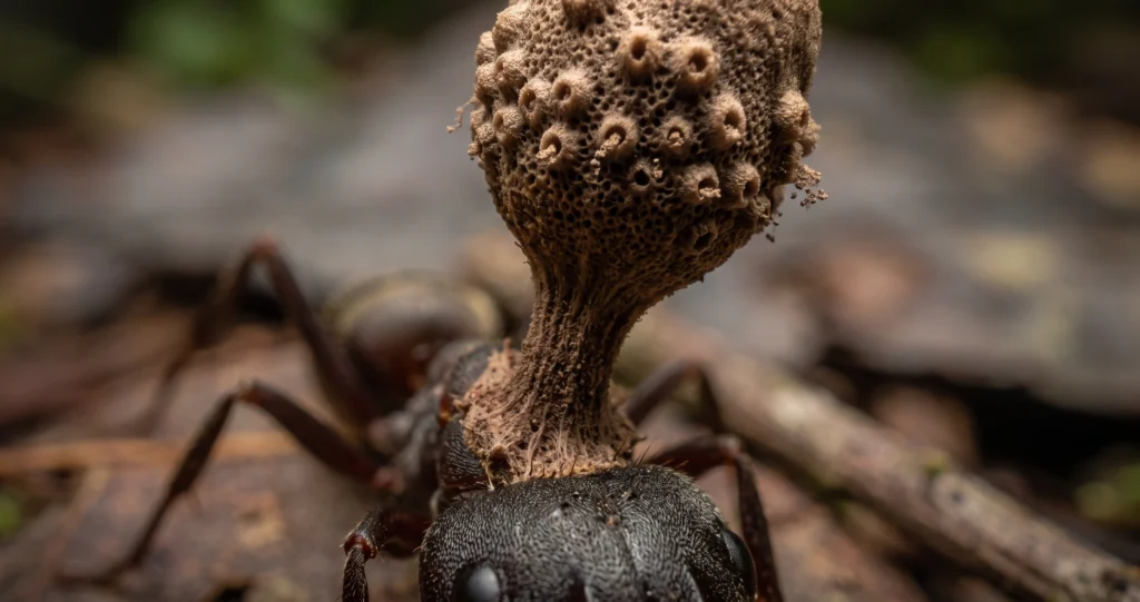 "zombie ant fungus controlling an infected carpenter ant during the death grip"
