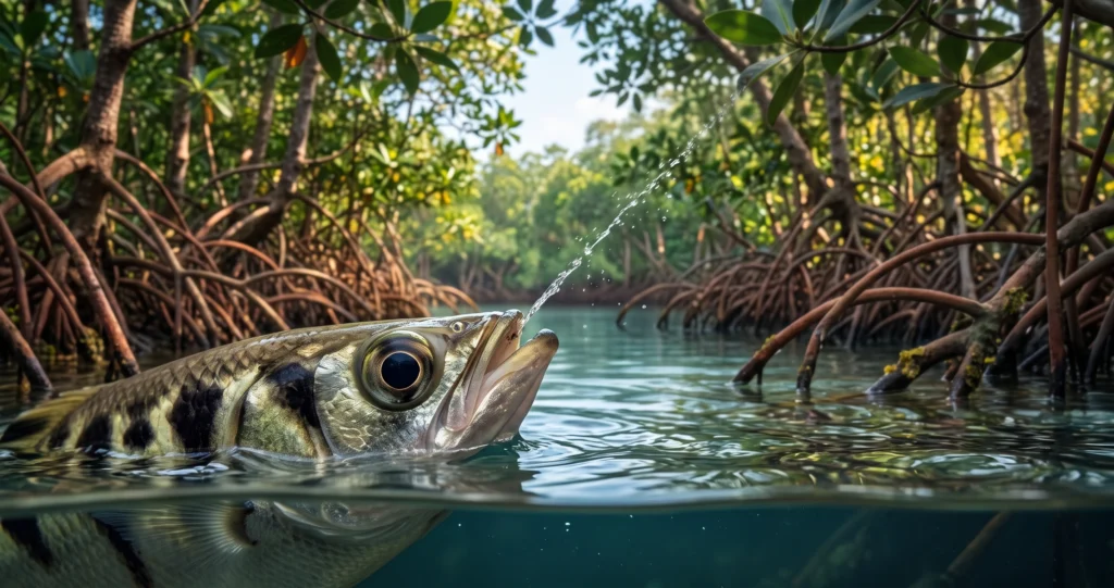 "archerfish hunting technique shooting a focused water jet at an insect above the surface"