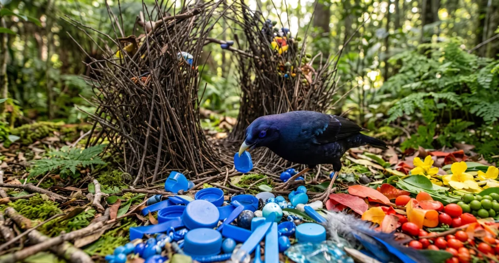 "bowerbird bower building with decorated avenue court used to attract females"