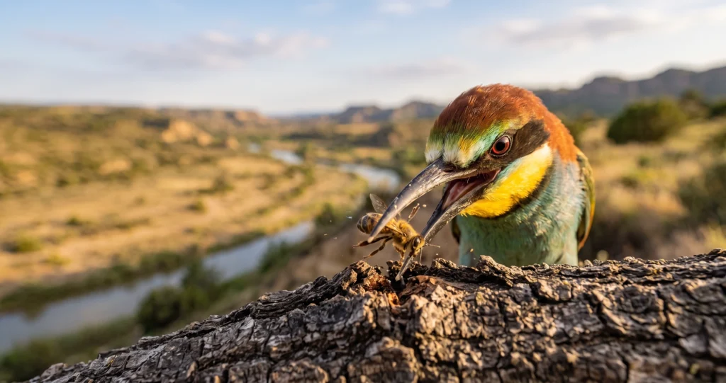 "bee-eater sting removal showing a bird rubbing a captured bee against a branch"