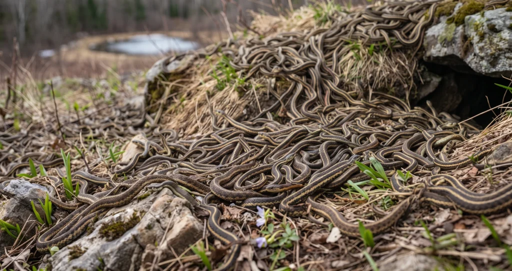 "garter snake mating balls forming at the Narcisse Snake Dens in Manitoba"
