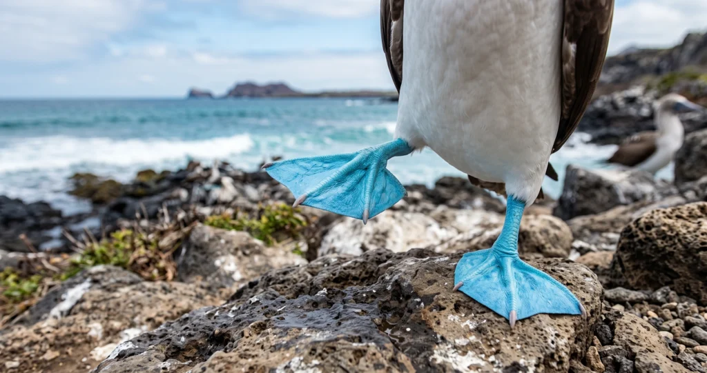 "blue-footed booby courtship showing bright blue feet during mate selection"