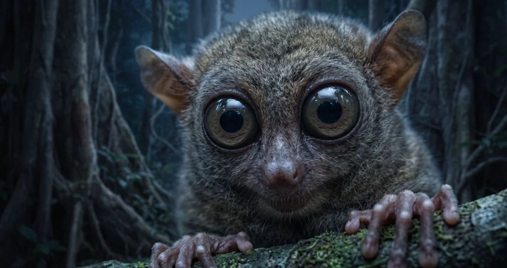 "tarsier eye adaptation with enormous fixed eyes used for nocturnal hunting"