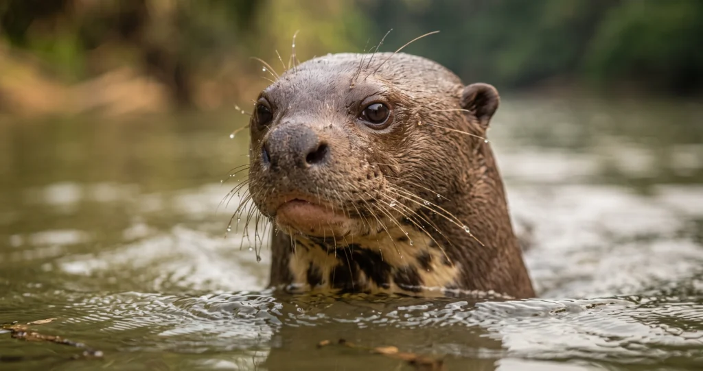 "giant river otter pack swimming and hunting together in a South American river"