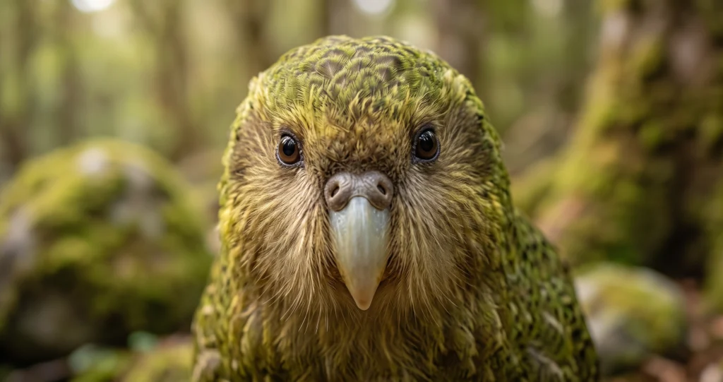 "kakapo flightless parrot standing on the forest floor in its protected New Zealand habitat"