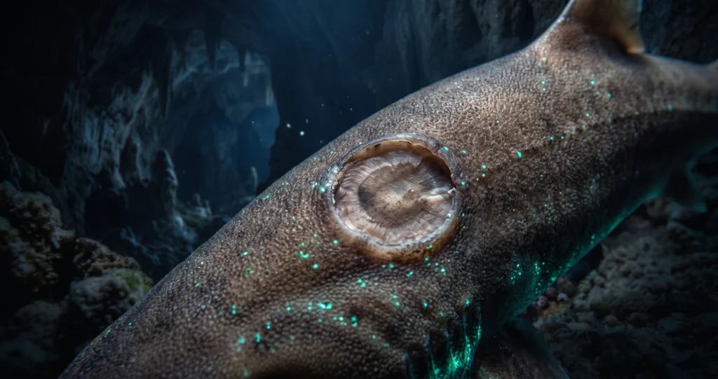 "cookiecutter shark bite showing the circular wound created by its suction-and-twist feeding mechanism"