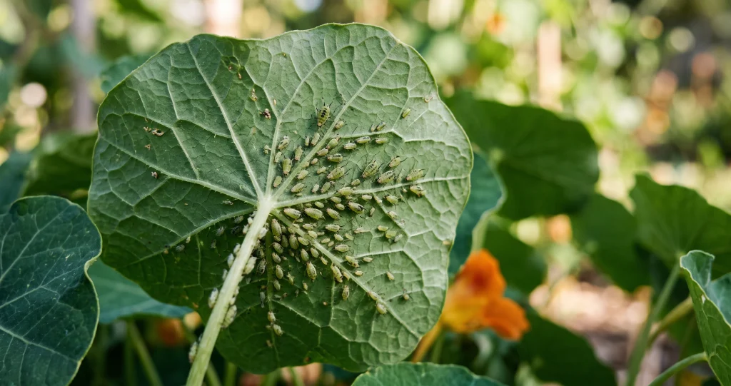 nasturtium trap crop pest control showing aphids concentrated on nasturtiums beside protected vegetable plants.