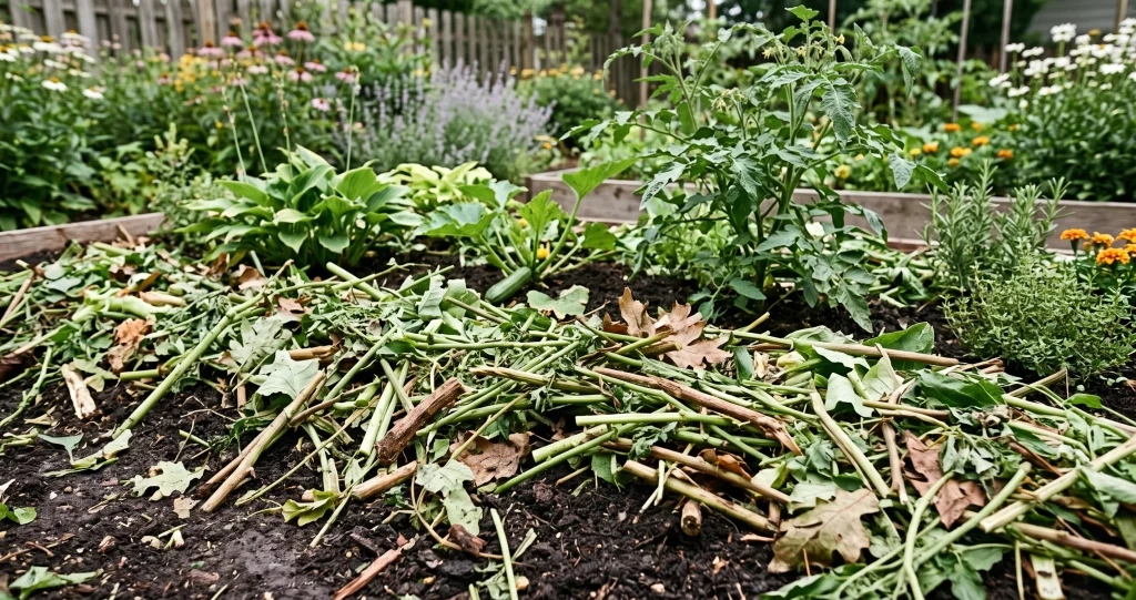 chop and drop mulching with fresh garden plant material protecting vegetable garden soil.
