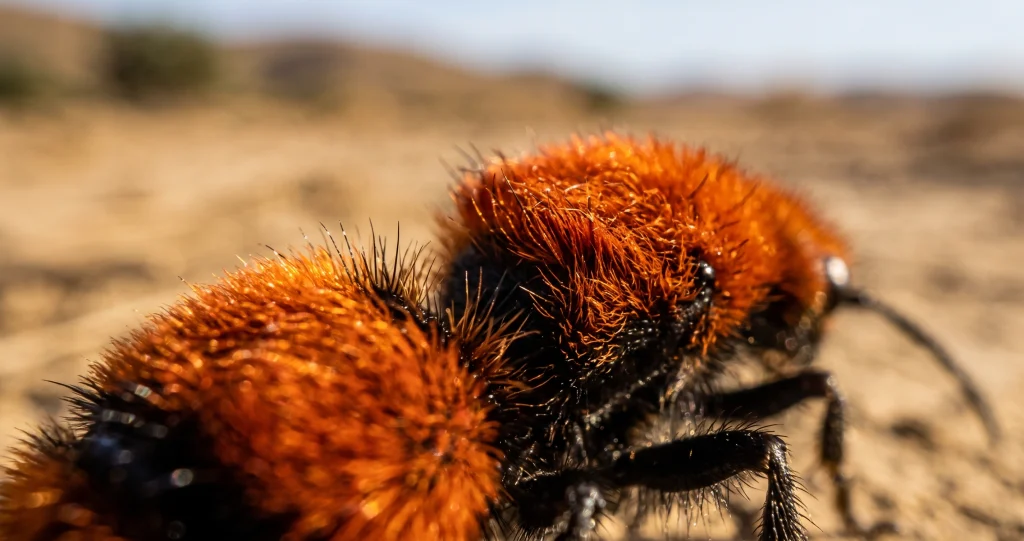 “velvet ant cow killer wingless female wasp walking across sandy soil”