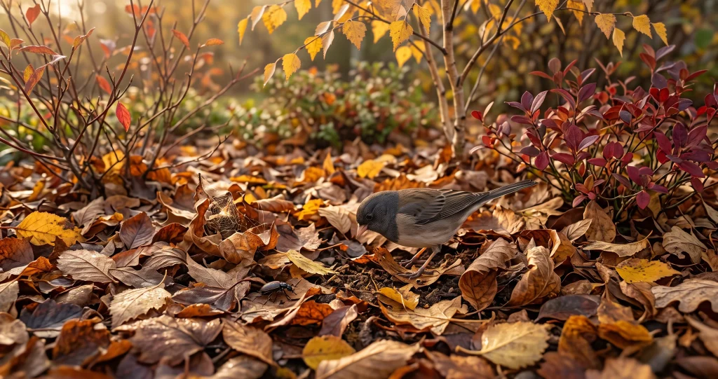 Fallen leaves for wildlife creating habitat for insects and decomposers beneath garden shrubs.