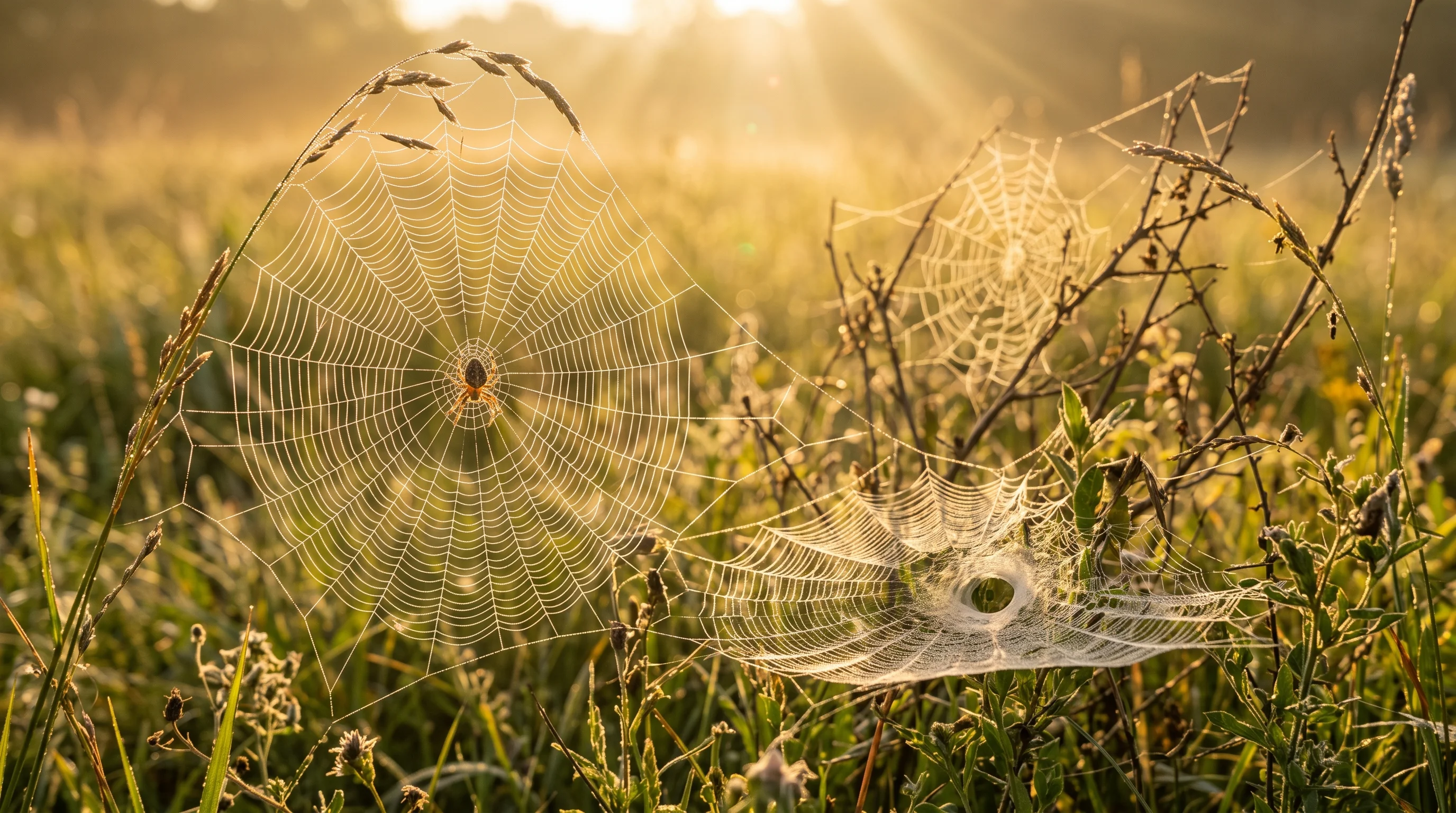 identifying spider webs by recognizing the radial spokes and spiral threads of an orb web.