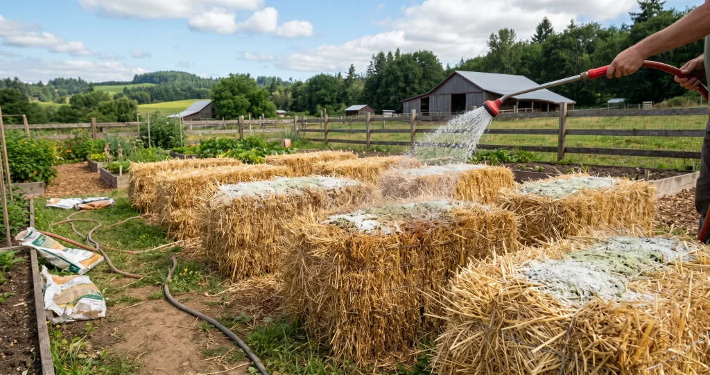 straw bale gardening setup showing conditioned straw bales positioned in a sunny vegetable garden.