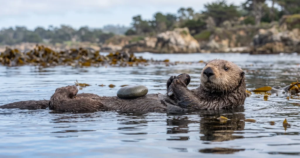 sea otter tool use with rock to open hard-shelled prey.