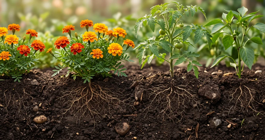 companion planting marigolds showing French marigold roots in a vegetable garden