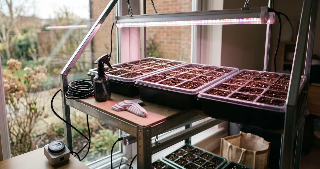 starting seeds indoors grow lights setup with healthy vegetable seedlings.