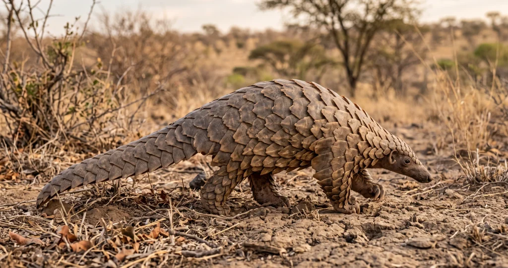 Pangolin walking with overlapping keratin scales visible.