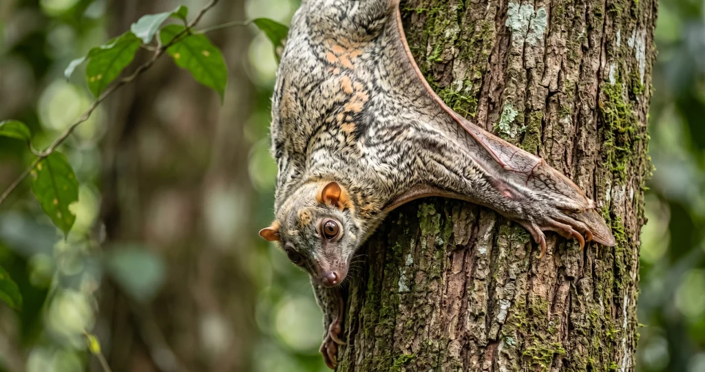 “colugo gliding membrane fully extended during a glide through Southeast Asian rainforest”