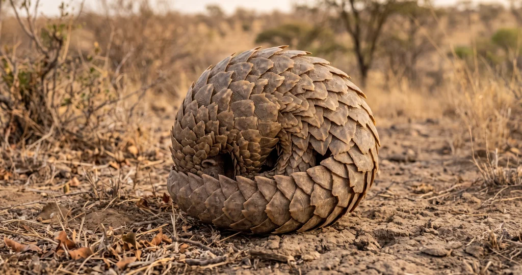 Pangolin scale defense showing the animal curled into a protective ball