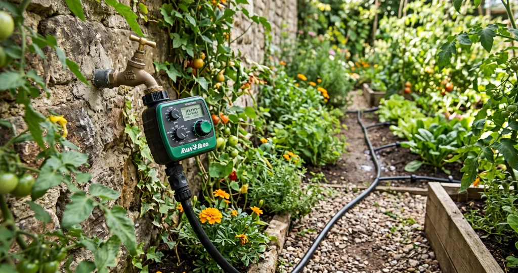 simple drip irrigation system timer and tubing connected to an outdoor garden faucet.