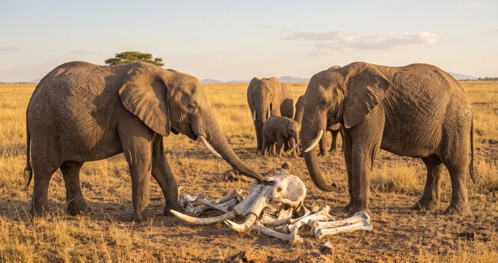 elephant grief behavior as elephants investigate the remains of a deceased herd member]