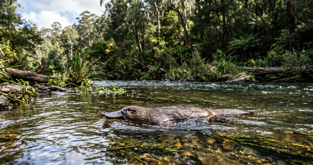 Platypus electroreception venom adaptation showing electrical prey detection through the sensitive bill.