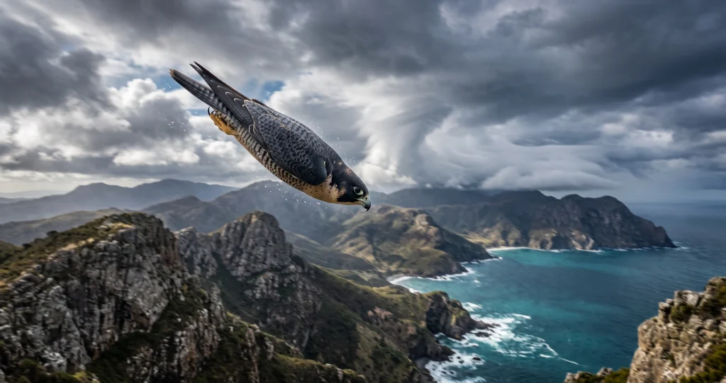 Peregrine falcon speed illustrated by a falcon entering a streamlined high-speed hunting stoop.