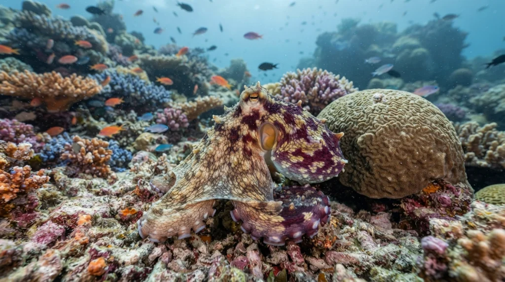 ctopus camouflage skin changing color on coral reef