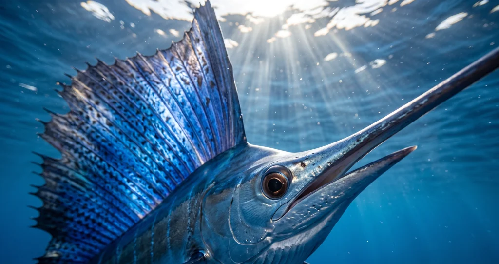 “sailfish fastest fish hunting a dense school of sardines with its dorsal fin raised”