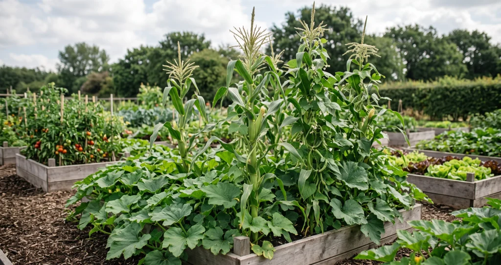 Three Sisters companion planting with corn supporting pole beans and squash shading the soil