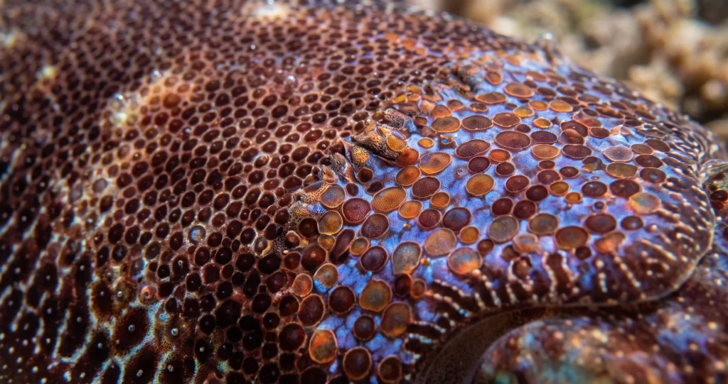 Cuttlefish hypnotic hunting display showing chromatophore-generated dark stripes moving toward crab prey.