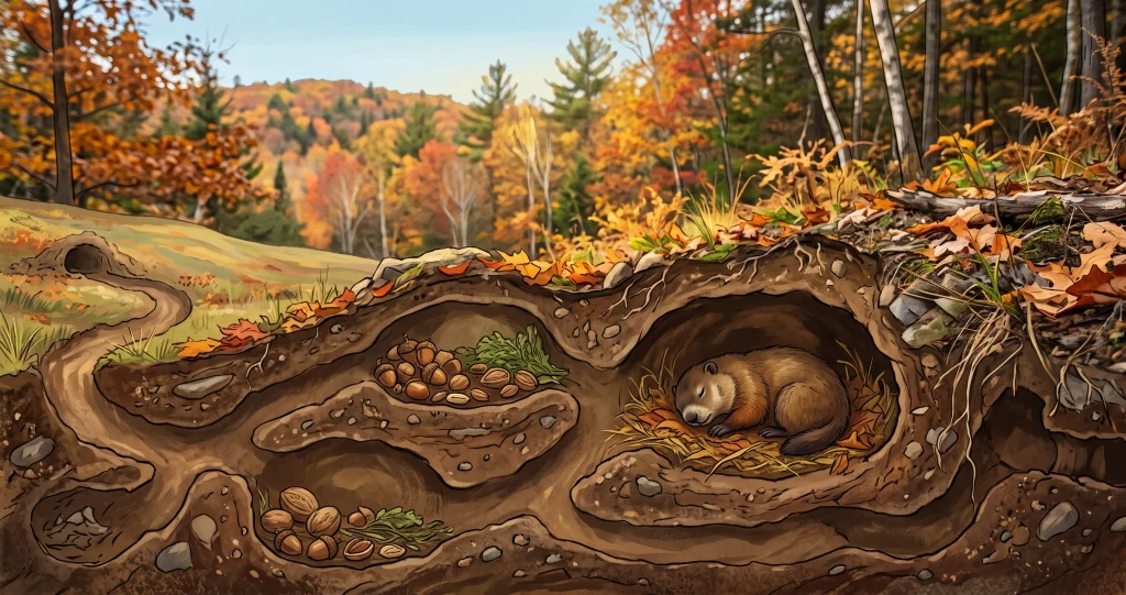 groundhog true hibernation showing reduced heart rate, body temperature, and metabolism inside a winter burrow.