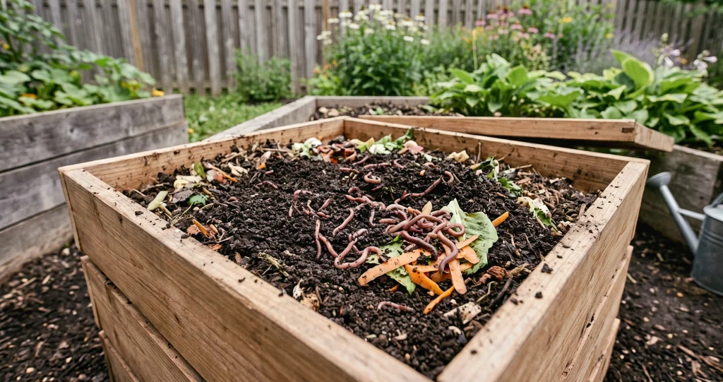 worm castings forming inside a home vermicomposting bin with red composting worms.