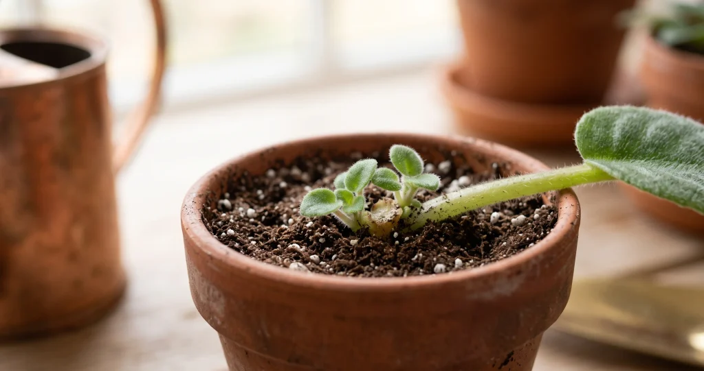 African violet leaf propagation from cutting to young plantlets.