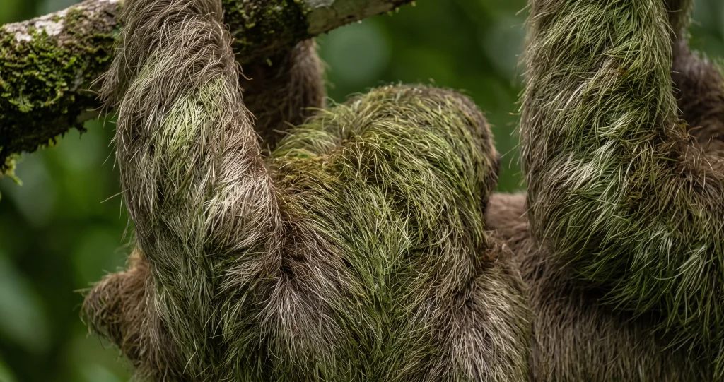 sloth fur ecosystem algae growing inside grooves of a sloth's coarse hair.