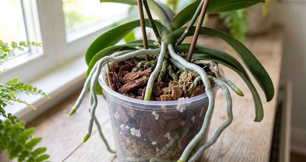 orchid bark potting medium compared with the natural growing environment of an epiphytic orchid.