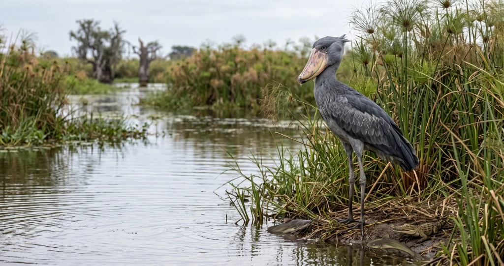 Shoebill stork ambush hunting anatomy showing the large hooked bill used to capture aquatic prey.