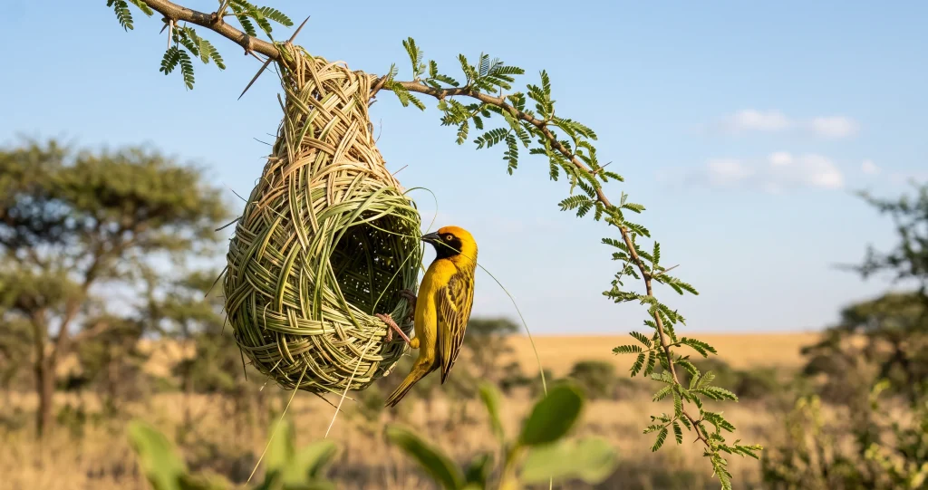 weaver bird nest building step-by-step using flexible grass fibers.