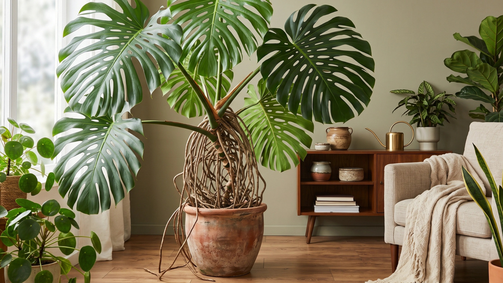 Monstera aerial roots growing from stem nodes and attaching to a climbing support.
