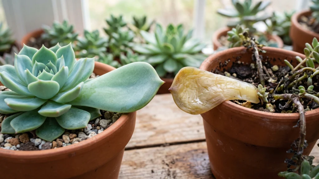 "Early signs of succulent overwatering in soft and translucent leaves."]