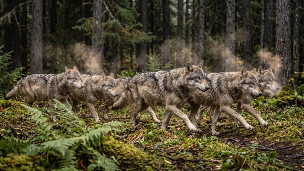 “Wild wolf family demonstrating why the alpha wolf myth misrepresents normal pack structure.”]